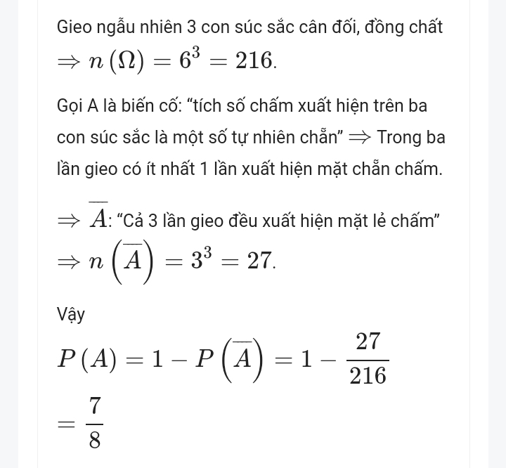 Gieo ngẫu nhiên một con súc sắc cân đối và đồng chất 3 lần Xác suất để