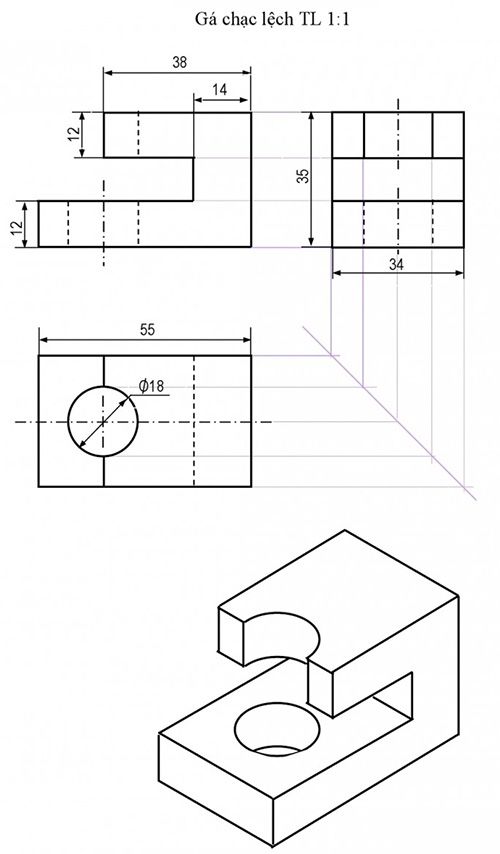 Vẽ Hình Cắt Toàn Phần Và Hình Chiếu Kết Hợp Của Vật. Tỉ Lệ 2:1 - Bài 6:  Thực Hành Biểu Diễn Vật Thể (Công Nghệ 11) - Công Nghệ Lớp 11 -