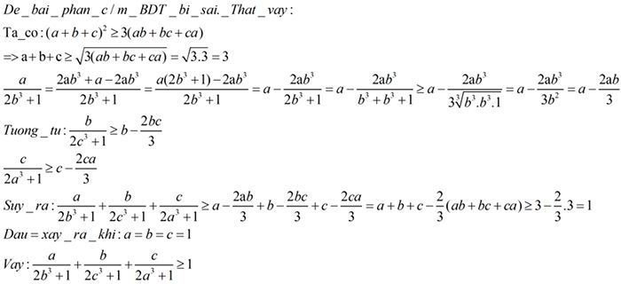 Cho A, B, C > 0 Và Ab + Bc + Ca = 3. CMR: A/(2b^3 + 1) + B/(2c^3 + 1 ...