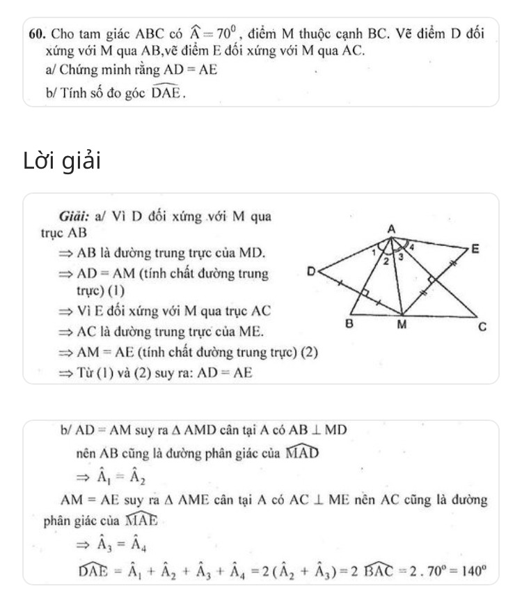 Vẽ Điểm D Đối Xứng Với M Qua Ab, Vẽ Điểm E Đối Xứng Với M Qua Ac - Toán Học  Lớp 8 - Bài Tập Toán Học Lớp 8 - Giải