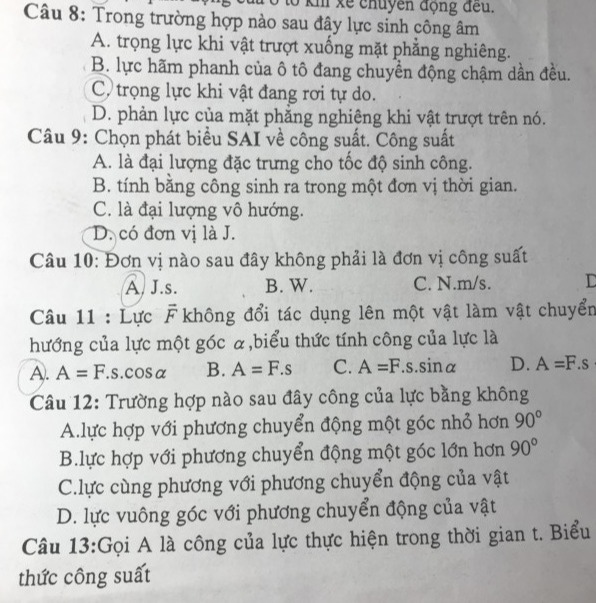 Trường Hợp Nào Sau Đây Công Của Lực Bằng Không