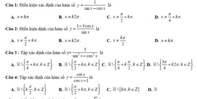 Tập xác định của hàm số \( \frac{1}{\sin x - \cos x} \)
