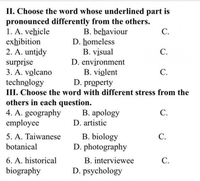 Choose The Word Whose Underlined Part Is Pronounced Differently From ...