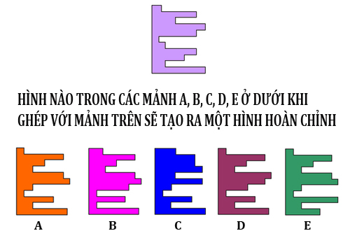 Hình nào trong các mảnh A, B, C, D, E ở dưới khi ghép với mảnh trên sẽ tạo ra một hình hoàn chỉnh?