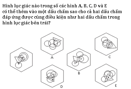 Hình lục giác nào trong số các hình A, B, C, D, E có thể thêm vào một dấu chấm?