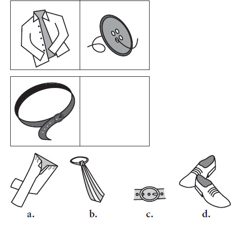 Chọn hình phù hợp để điền vào ô trống: Quần, Cà vạt, Khóa dây thắt lưng, Đôi giầy?