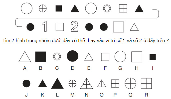 Tìm 2 hình trong nhóm dưới đây có thể thay vào vị trí số 1 và số 2 ở dãy trên?