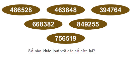 Số nào khác với số còn lại: 486528 - 463848 - 394764 - 668382 - 849255 - 756519?