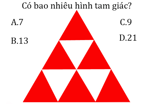 Có bao nhiêu hình tam giác: A.7; B.13; C.9; D.21?