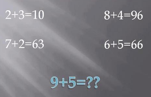 Nếu 2 + 3 = 10, 8 + 4 = 96, 7 + 2 = 63, 6 + 5 = 66, thì 9 + 5 = ?