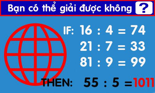 Nếu 16 : 4 = 74, 21 : 7 = 33, 81 : 9 = 99, thì 55 : 5 = 1011, hỏi tại sao?