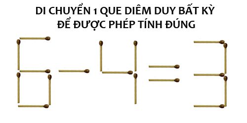 Di chuyển một que diêm để được phép tính đúng: 6 - 4 = 2