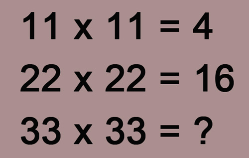 Tìm quy luật và điền số còn thiếu vào dấu ? Nếu 11 x 11 = 4, 22 x 22 = 16, Thì 33 x 33 = ?