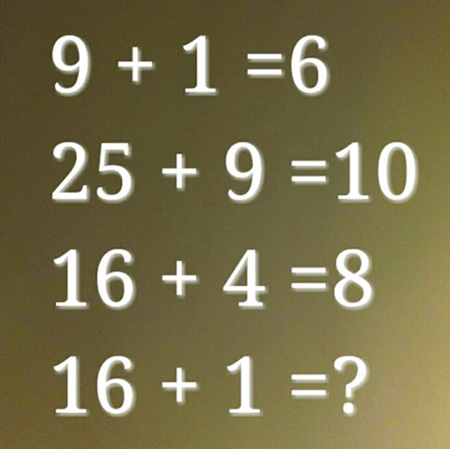 Tìm quy luật và điền số còn thiếu vào dấu ? 9 + 1 = 6, 25 + 9 = 10, 16 + 4 = 8, 16 + 1 = ?