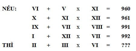 Tìm quy luật và thực hiện phép tính: Nếu VI + V x XI = 960, X + XI x XII = 961, IX + VII x VIII = 991, I + XII x VII = 992, Thì II + III x VI = ?