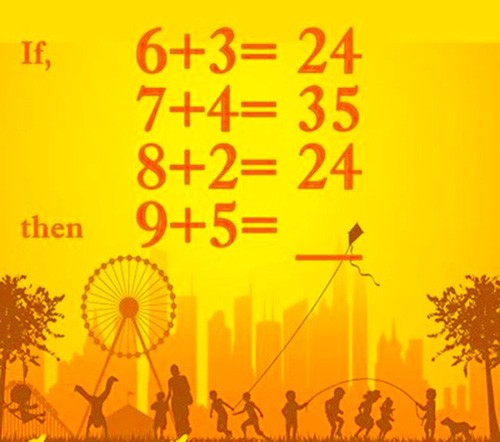 Tìm quy luật và thực hiện phép tính: Nếu 6 + 3 = 24, 7 + 4 = 35, 8 + 2 = 24, Thì 9 + 5 = ?