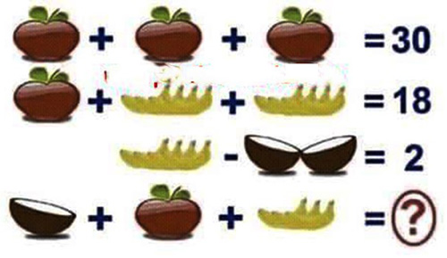 Tìm ra giá trị mỗi loại quả và cho biết: Dừa + Táo + Chuối = ?