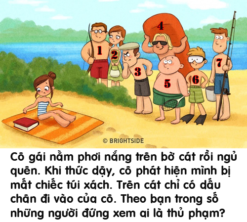 Lúc cô gái đang say giấc nồng trên bờ biển thì chiếc túi xách quý giá không cánh mà bay. Liệu bạn có thể tìm ra thủ phạm với những dữ liệu ít ỏi để lại?