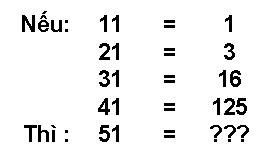 Nếu 11 = 1, 21 = 3, 31 = 16, 41 = 125. Thì 51 = ?