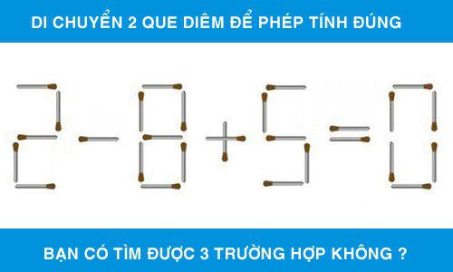 Di chuyển 2 que diêm để được phép tính đúng: 2 - 8 + 5 = 0