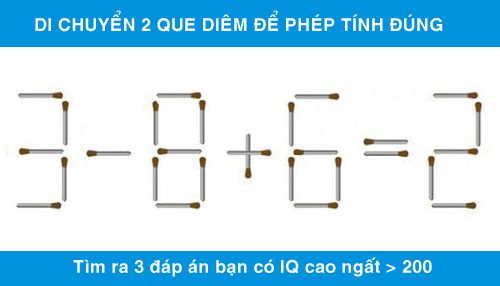 Di chuyển 2 que diêm để được phép tính đúng: 3 - 8 + 6 = 2