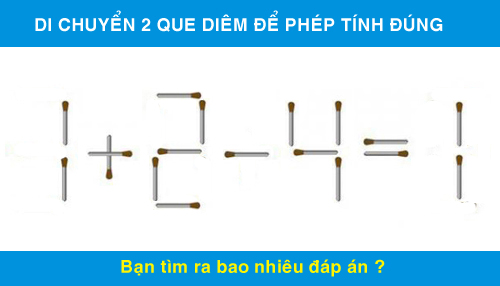 Di chuyển 2 que diêm để phép tính 1 + 2 - 4 = 1 có kết quả đúng