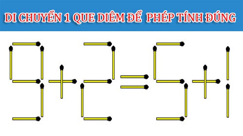 Di chuyển 1 que diêm để phép tính 9 + 2 = 5 + 1 có kết quả đúng