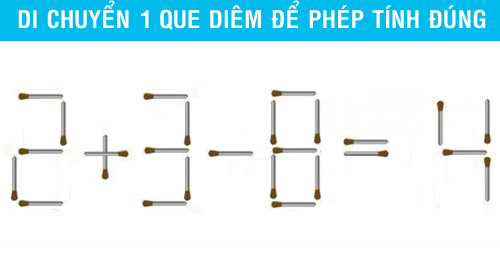 Di chuyển 1 que diêm để phép tính 2 + 3 - 8 = 4 có kết quả đúng