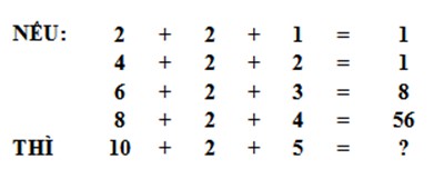 Nếu 2 + 2 + 1 = 1, 4 + 2 + 2 = 1, 6 + 2 + 3 = 8, 8 + 2 + 4 = 56. Thì 10 + 2 + 5 = ?