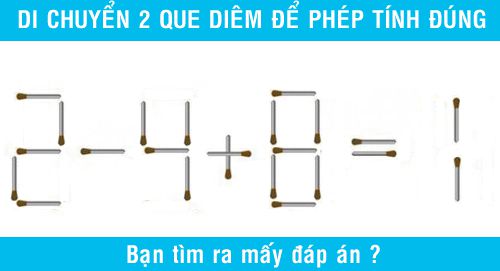 Di chuyển 2 que diêm để phép tính đúng? 2 - 4 + 8 = 1