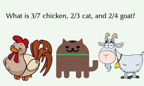 What is 3/7 chicken, 2/3 cat, and 2/4 goat?