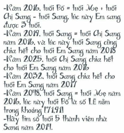 Tìm tuổi của 5 thành viên nhà Sang năm 2014