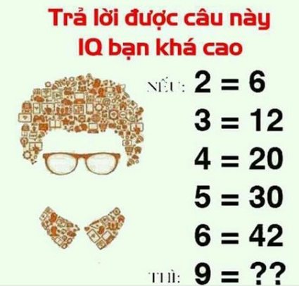 Nếu 2 = 6, 3 = 12, 4 = 20, 5 = 30, 6 = 42, Thì 9 = ?