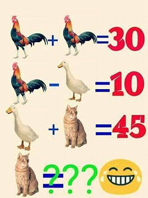 Gà + Gà = 30, Gà - Vịt = 10, Vịt + Mèo = 45, Mèo = ?