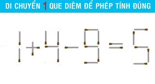 Di chuyển 1 que diêm để phép tính đúng: 1 + 4 - 9 = 5