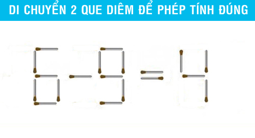 Di chuyển 2 que diêm để phép tính đúng: 6 - 9 = 4