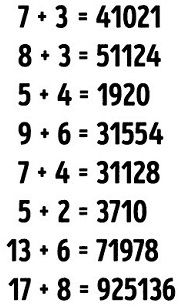 Bạn có thể tìm ra quy luật của các phép tính dưới đây? 7 + 3 = 41021; 8 + 3 = 51124