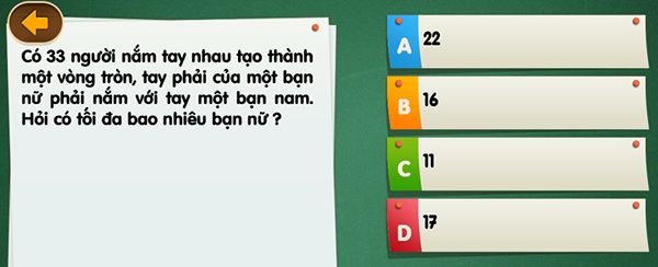 Có 33 người nắm tay nhau tạo thành một vòng tròn, tay phải của một bạn nữ phải nắm với tay một bạn nam. Hỏi có tối đa bao nhiêu bạn nữ?