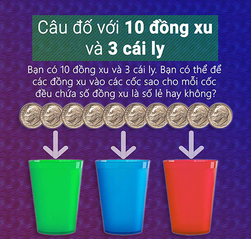 Bạn có 10 đồng xu và 3 cái ly. Bạn có thể để các đồng xu vào các ly sao cho mỗi ly đều chứa số đồng xu là số lẻ hay không?