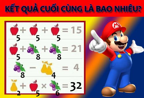 Táo + Táo + Táo = 15, Táo + Nho + Nho = 21, Nho - 2 Lê = 4, Lê + Táo + Nho = ?