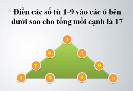 Điền các số từ 1 - 9 vào các vòng tròn sao cho tổng mỗi cạnh là 17