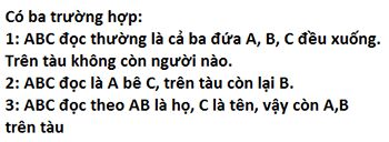 3 đứa ABC lên tàu. ABC xuống biển. Trên tàu còn mấy người?