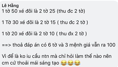 Đố các bạn cộng 6 tờ tiền có 3 mệnh giá cộng vào bằng 100 nghìn tiền Việt Nam cộng không thiếu cũng không thừa?