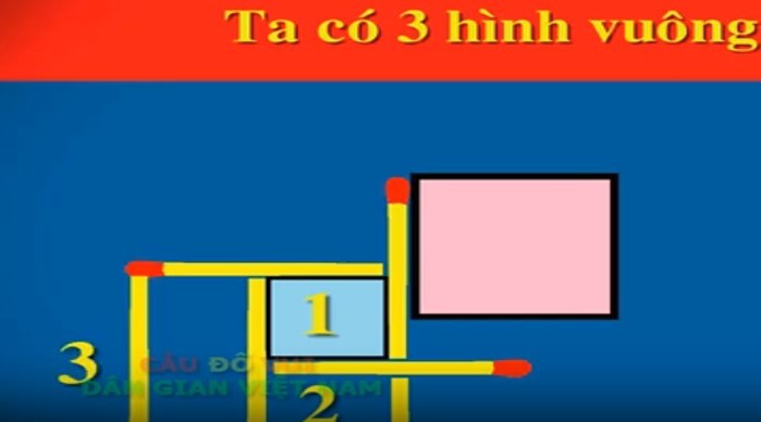 Bạn hãy đổi vị trí 3 que diêm để xếp 3 hình vuông?