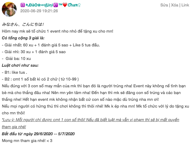 Mk đg tổ chức 1 event tặng xu! Bạn có muôn tham gia k? Lên trang cá nhân mk để tham gia nhé! Do điều kiện k nhiều nên mk chỉ tặng đc thế thôi! Rất mong bạn sẽ tham gia!