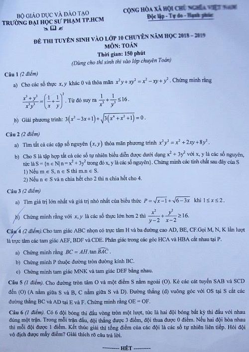 Đề thi tuyển sinh lớp 10 THPT năm học 2018 - 2019 môn toán chuyên đại học sư phạm TP Hồ Chí Minh,Đề thi vào 10,Đề thi tuyển sinh lớp 10 THPT,Đề thi tuyển sinh lớp 10 THPT năm học 2018 – 2019,Đề thi vào 10 môn toán,Đề thi tuyển sinh lớp 10 THPT năm học 2018 - 2019 môn toán