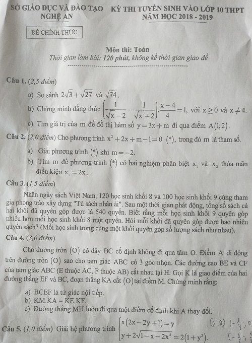 Đề thi tuyển sinh lớp 10 THPT năm học 2018 - 2019 môn toán tỉnh Nghệ An,Đề thi vào 10,Đề thi tuyển sinh lớp 10 THPT,Đề thi tuyển sinh lớp 10 THPT năm học 2018 – 2019,Đề thi vào 10 môn toán,Đề thi tuyển sinh lớp 10 THPT năm học 2018 - 2019 môn toán