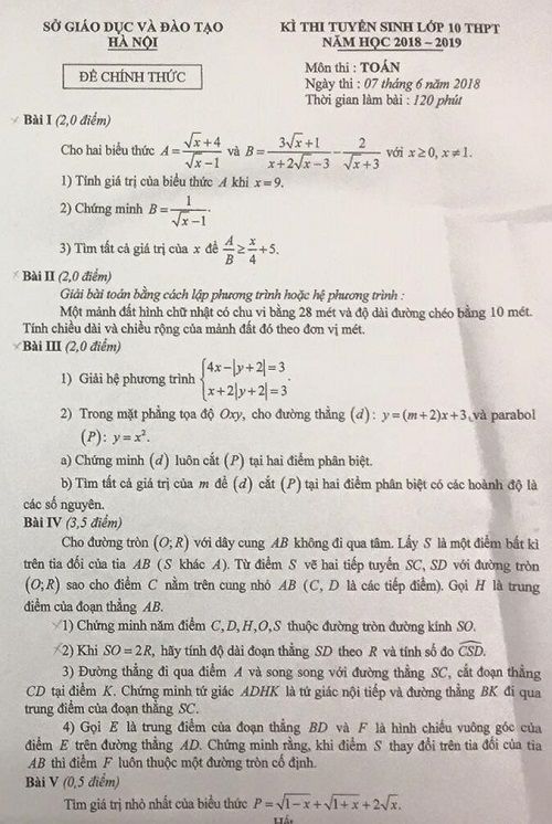 Đề thi tuyển sinh lớp 10 THPT năm học 2018 - 2019 môn toán TP Hà Nội,Đề thi vào 10,Đề thi tuyển sinh lớp 10 THPT,Đề thi tuyển sinh lớp 10 THPT năm học 2018 – 2019,Đề thi vào 10 môn toán,Đề thi tuyển sinh lớp 10 THPT năm học 2018 - 2019 môn toán