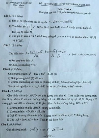 Đề thi tuyển sinh lớp 10 THPT năm học 2018 - 2019 môn toán tỉnh Thái Bình,Đề thi vào 10,Đề thi tuyển sinh lớp 10 THPT,Đề thi tuyển sinh lớp 10 THPT năm học 2018 – 2019,Đề thi vào 10 môn toán,Đề thi tuyển sinh lớp 10 THPT năm học 2018 - 2019 môn toán