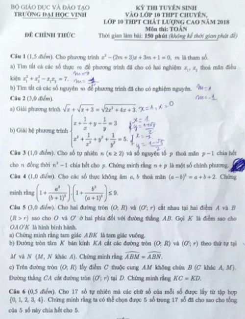 Đề thi tuyển sinh lớp 10 THPT năm học 2018 - 2019 môn toán chuyên Đại học Vinh,Đề thi vào 10,Đề thi tuyển sinh lớp 10 THPT,Đề thi tuyển sinh lớp 10 THPT năm học 2018 – 2019,Đề thi vào 10 môn toán,Đề thi tuyển sinh lớp 10 THPT năm học 2018 - 2019 môn toán